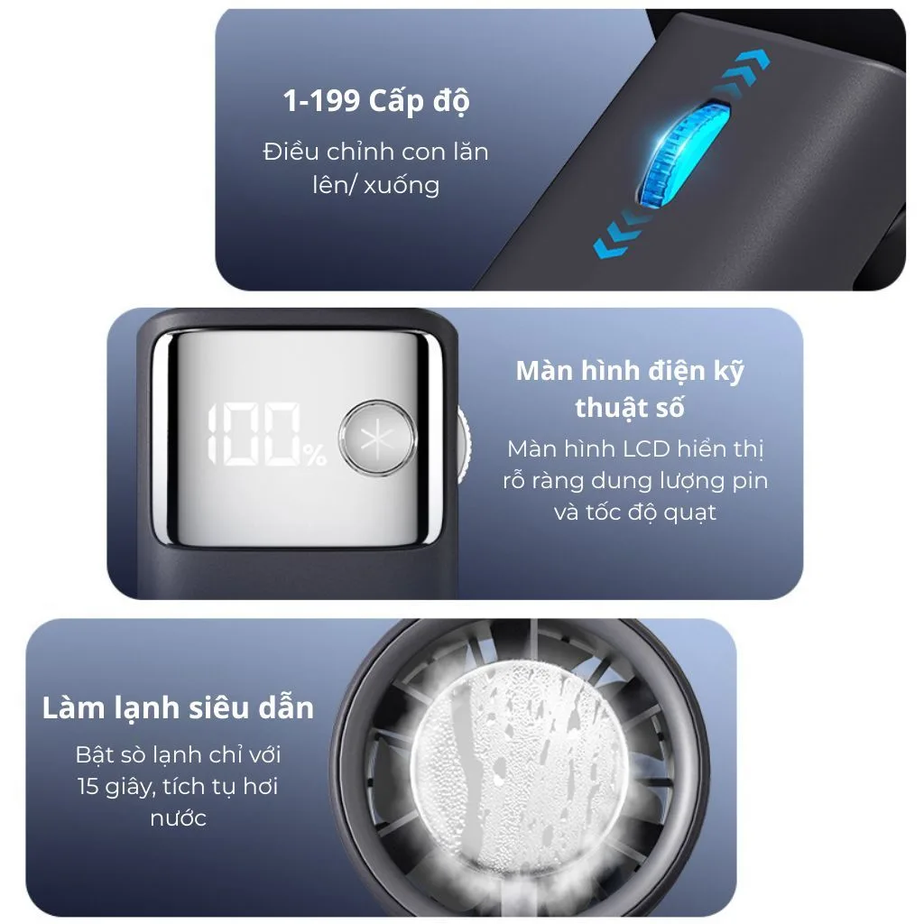 Quạt Tích Điện Mini Cầm Tay JF132 Có Sò Lạnh, quạt cầm tay mini 199 cấp độ có thể gấp gọn 90 độ – ảnh 5