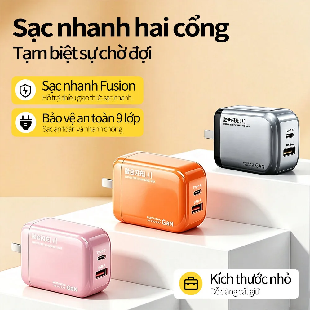 【Bộ combo】Bộ sạc GaN 30W, cổng Type-C +USB-A, sạc nhanh hai cổng,9 lớp bảo vệ thông minh,Được trang bị cáp sạc 4 trong 1 – ảnh 3