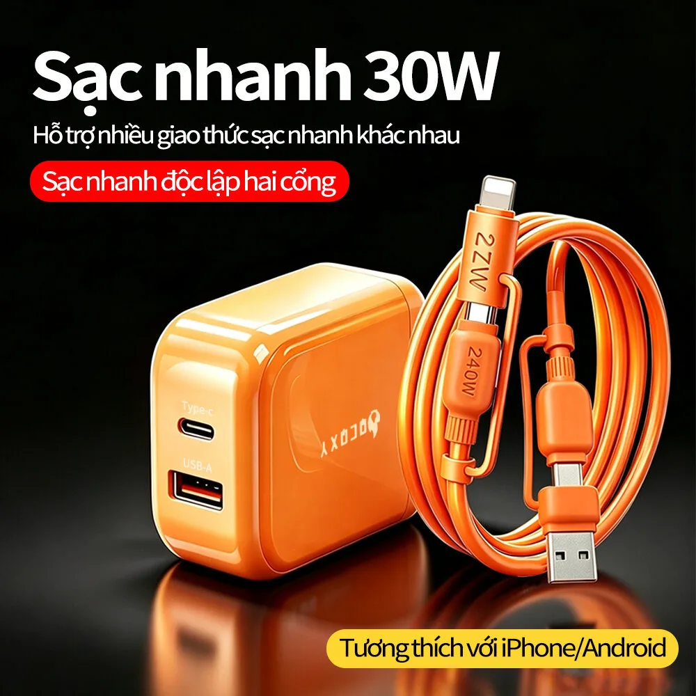 【Bộ combo】Bộ sạc GaN 30W, cổng Type-C +USB-A, sạc nhanh hai cổng,9 lớp bảo vệ thông minh,Được trang bị cáp sạc 4 trong 1 – ảnh 1